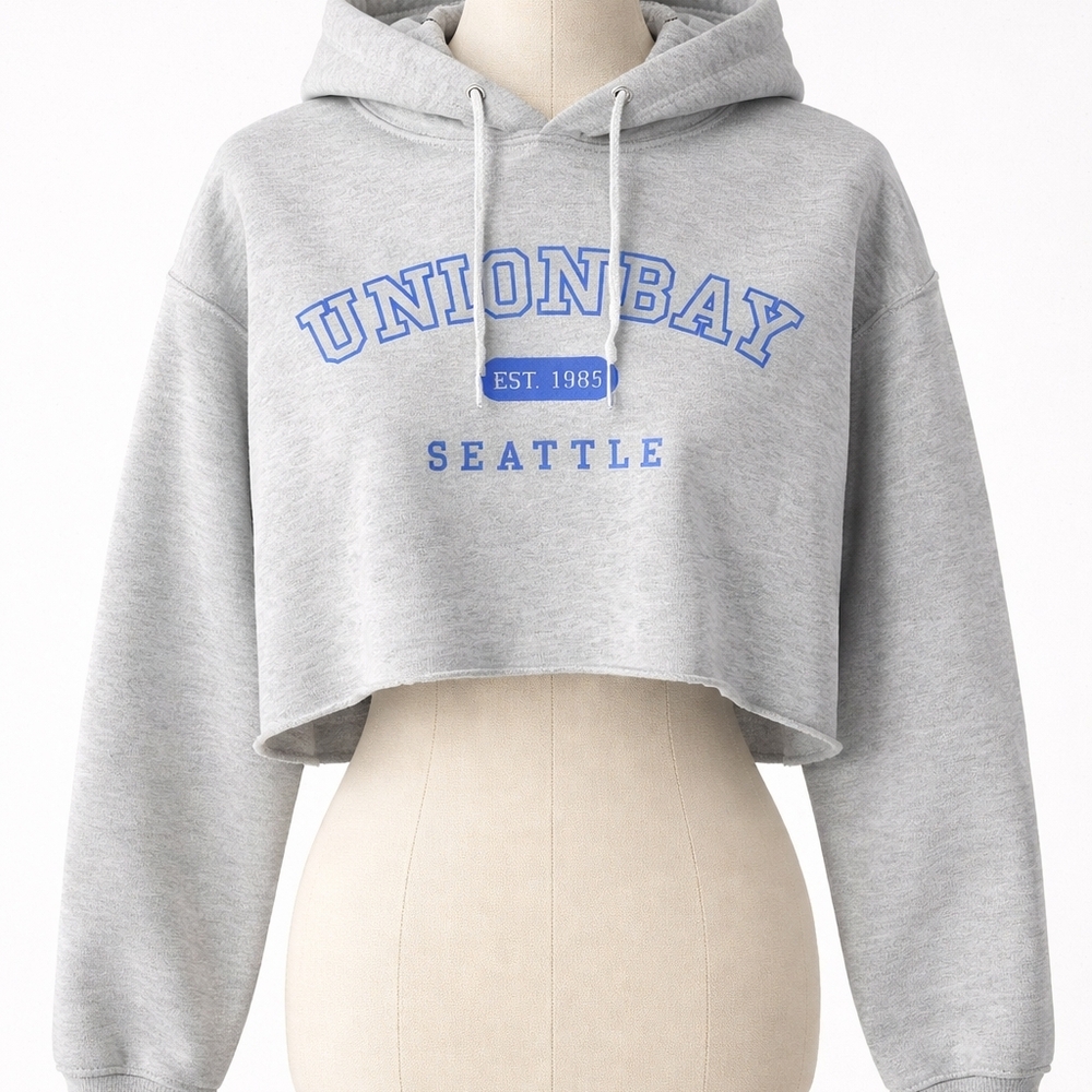 Unionbay Cropped Hoodie Gray Blue Seattle Graphic Hooded Sweatshirt Raw Hem
